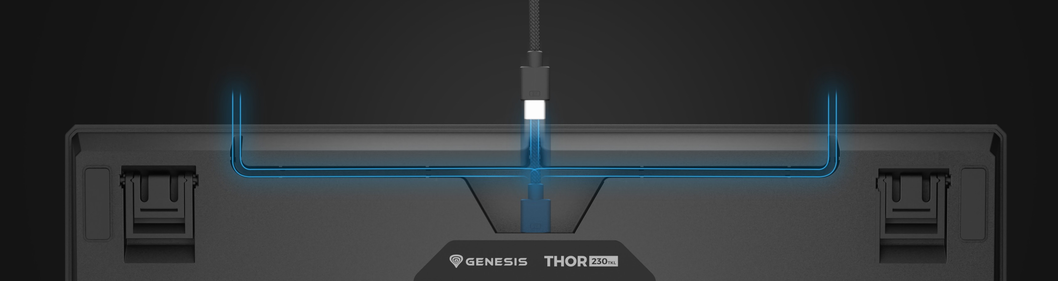 Изглед отгоре на механичната клавиатура Genesis Thor 230 TKL Lite с USB-C конектор и персонализирано RGB осветление