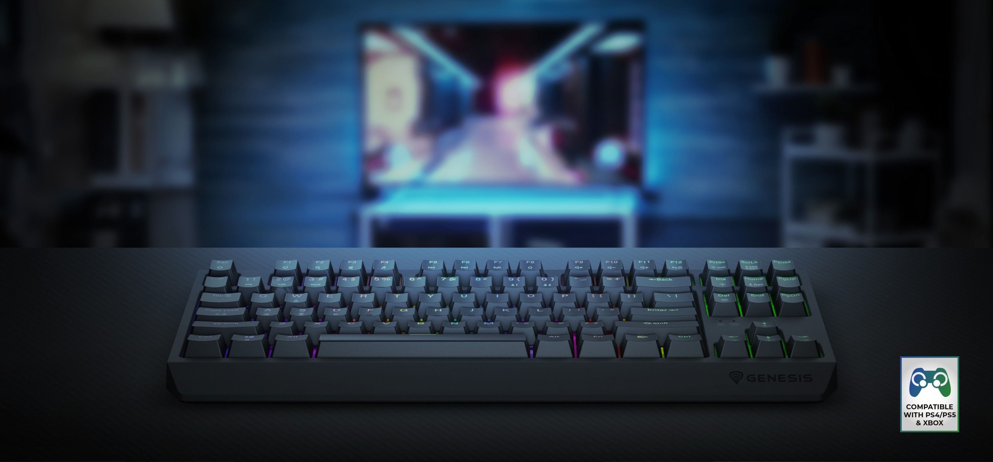 Безжична механична геймърска клавиатура RGB с превключватели Outemu, показана на размазан фон на геймърска конфигурация