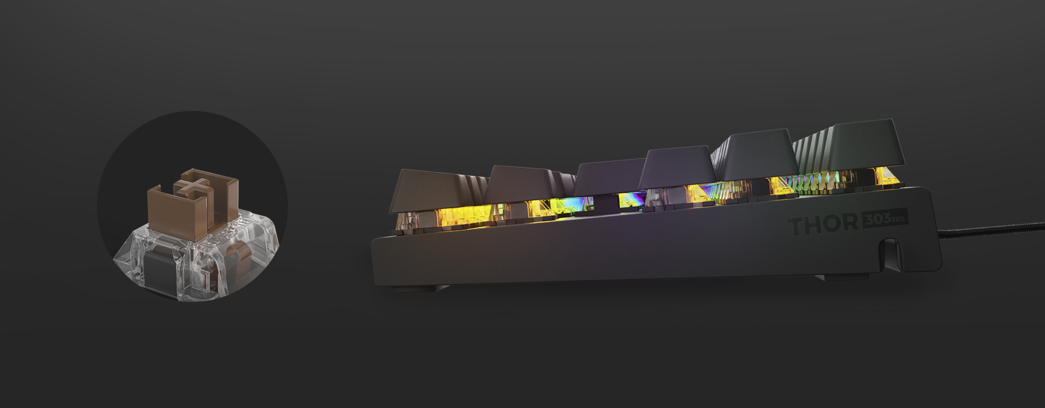 Механична геймърска клавиатура с RGB осветление, показващи се клавишни превключватели и елегантен черен дизайн. Разполага с възможност за гореща замяна и кафяви превключватели