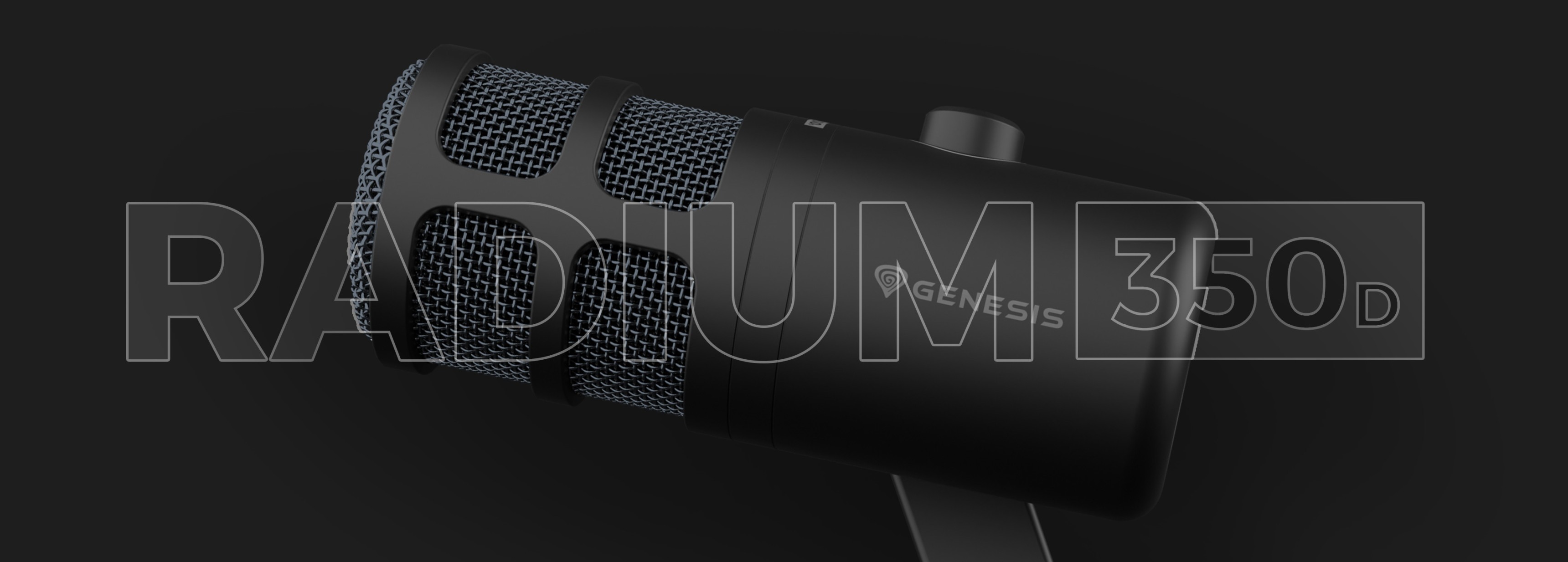 Динамичен USB микрофон Genesis Radium 350D, с елегантен черен дизайн и здраво мрежесто предно стъкло