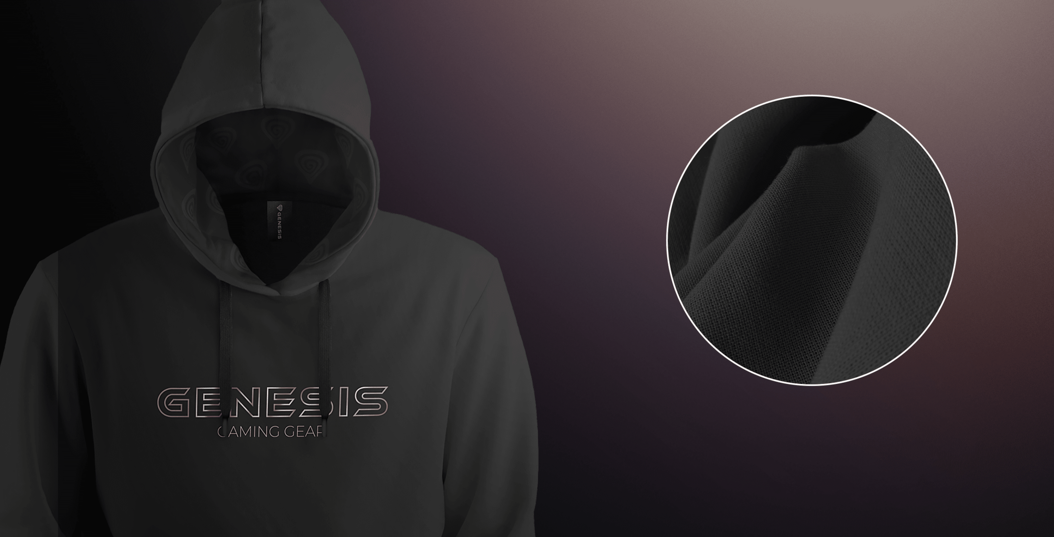 Потник с качулка с логото "GENESIS GAMING GEAR", изобразено в тъмносив плат с детайл от материала в близък план