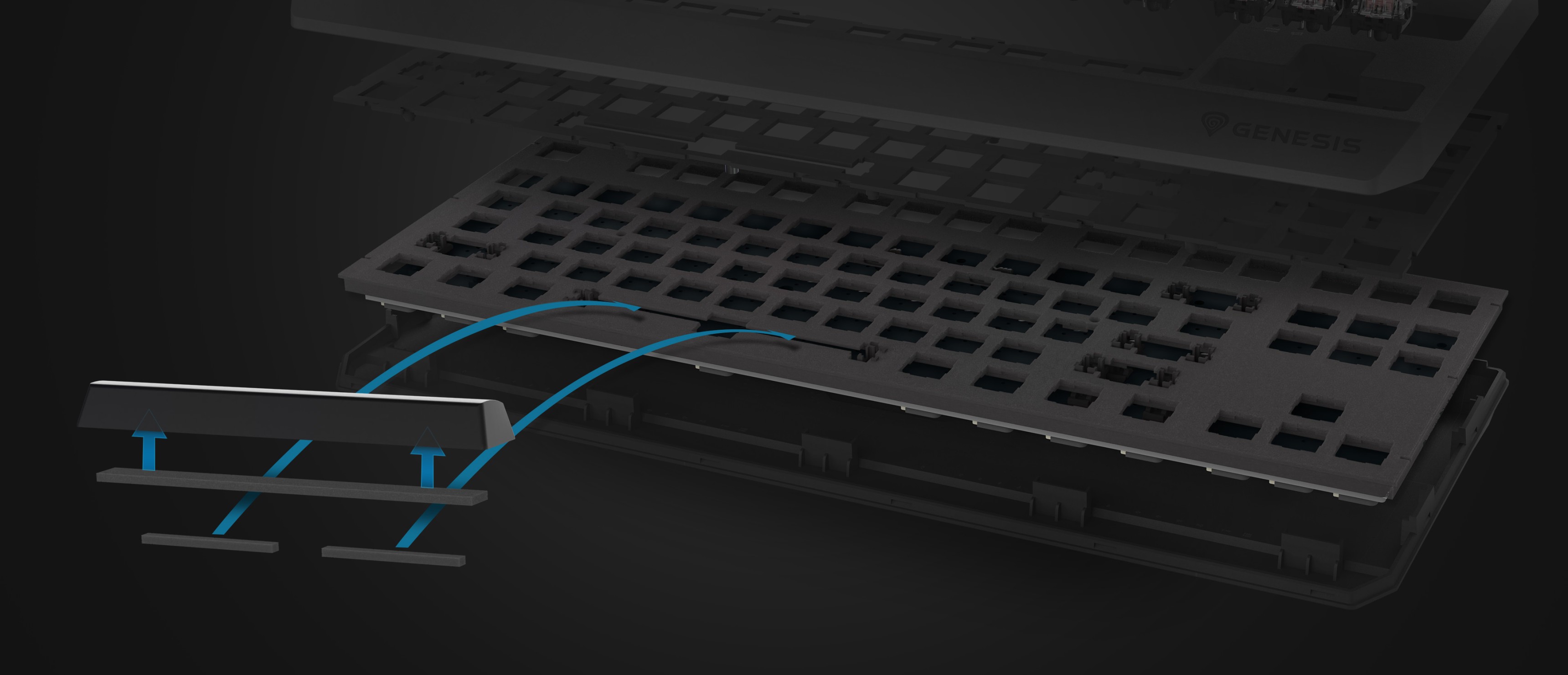 Близък план на механичната клавиатура Genesis Thor 230 TKL Lite, подчертаващ нейните превключватели с възможност за гореща смяна и черен дизайн