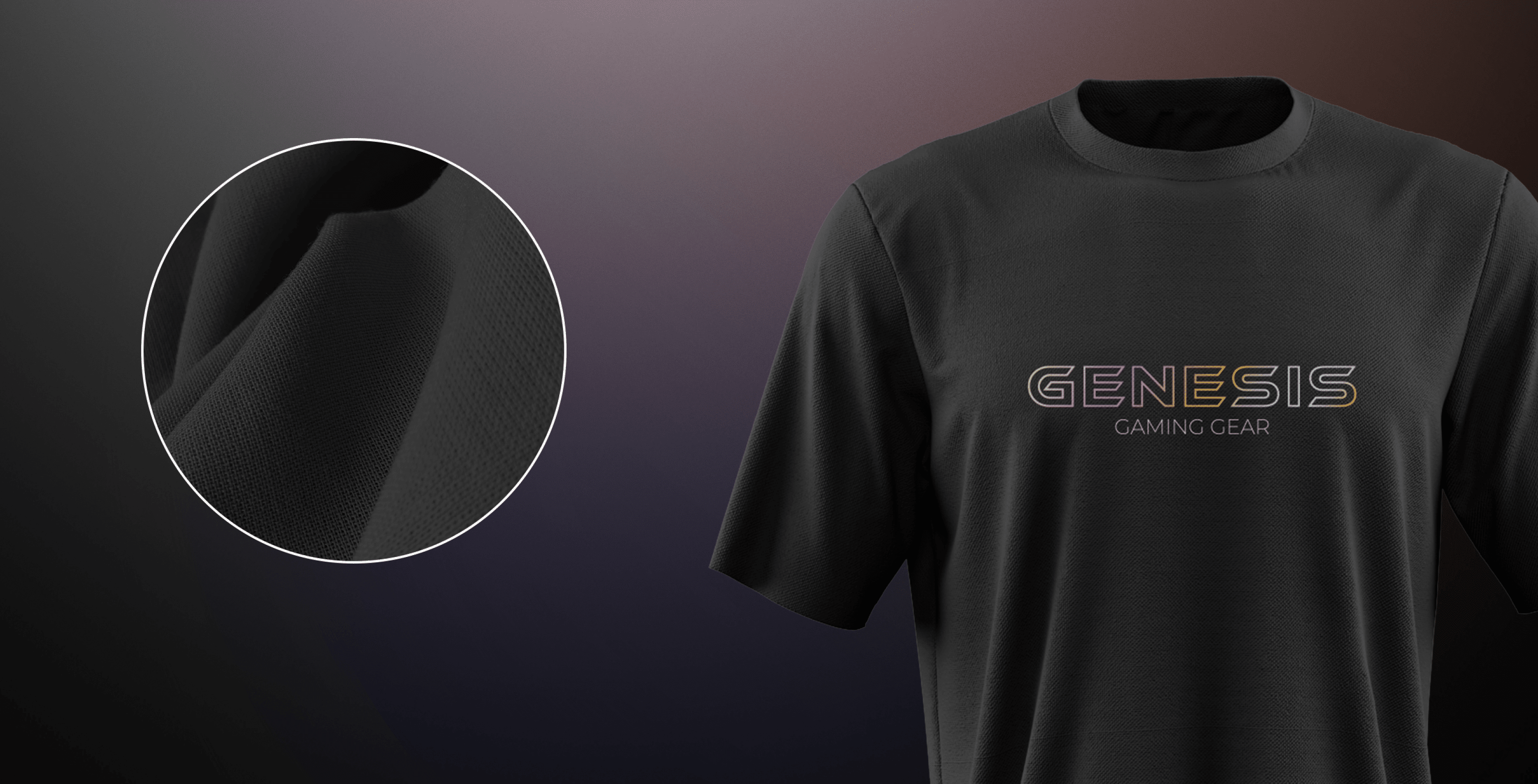 Черна тениска с логото "GENESIS GAMING GEAR" с цветни холографски надписи. Близък план на показаната текстура на плата