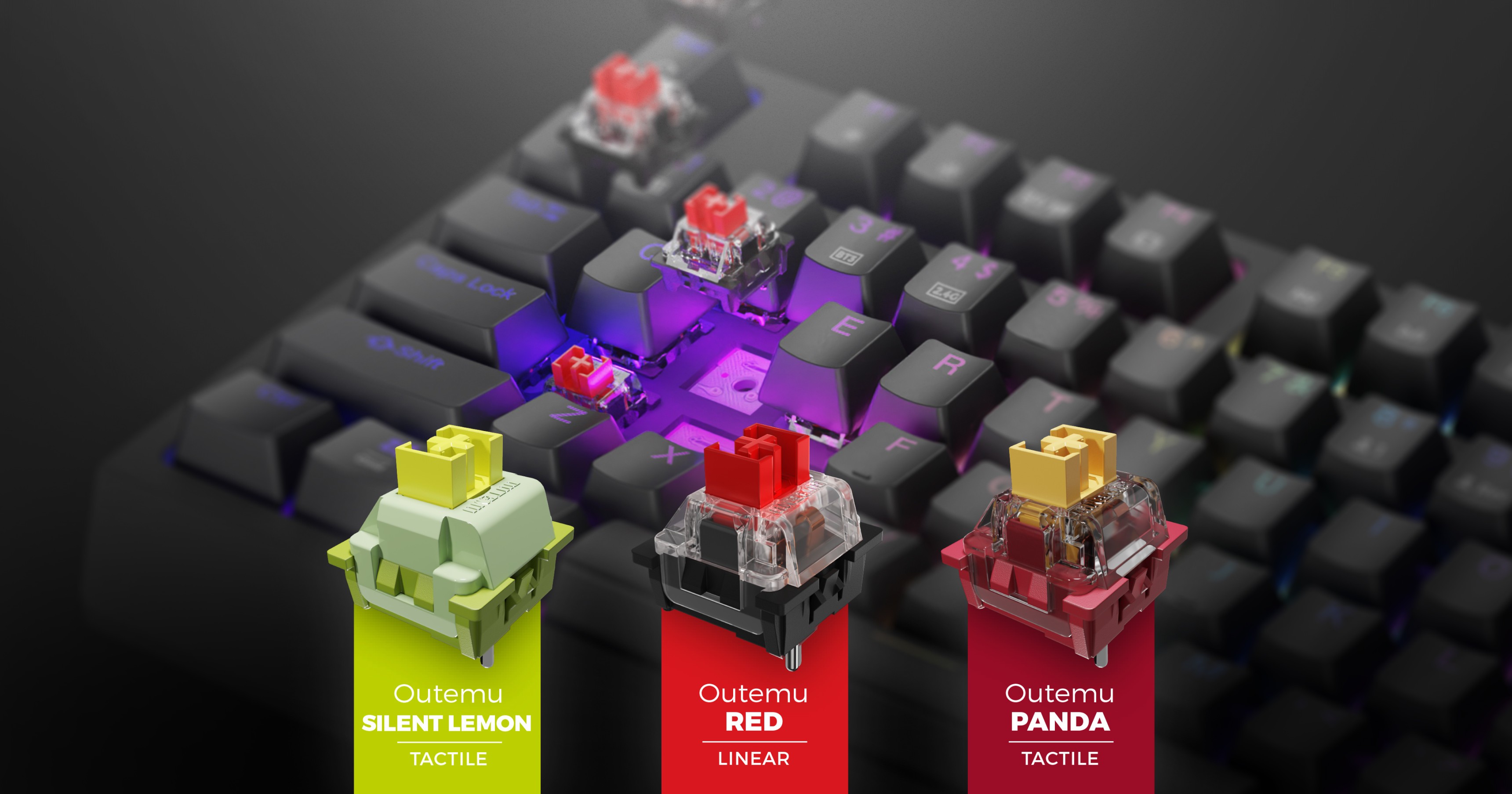 Близък план на геймърска клавиатура с персонализирано RGB осветление и три вида превключватели на Outemu: Silent Lemon, Red и Panda