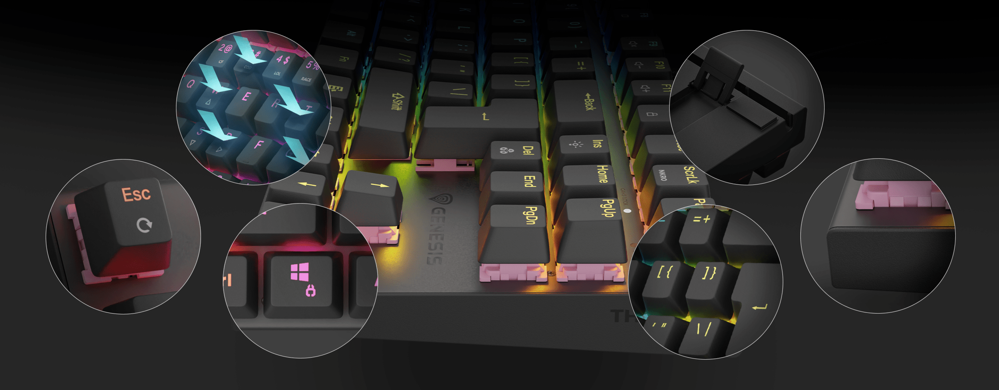 Геймърска клавиатура с RGB подсветка, с безшумни механични превключватели и TKL подредба. Изгледи в близък план на ключови детайли