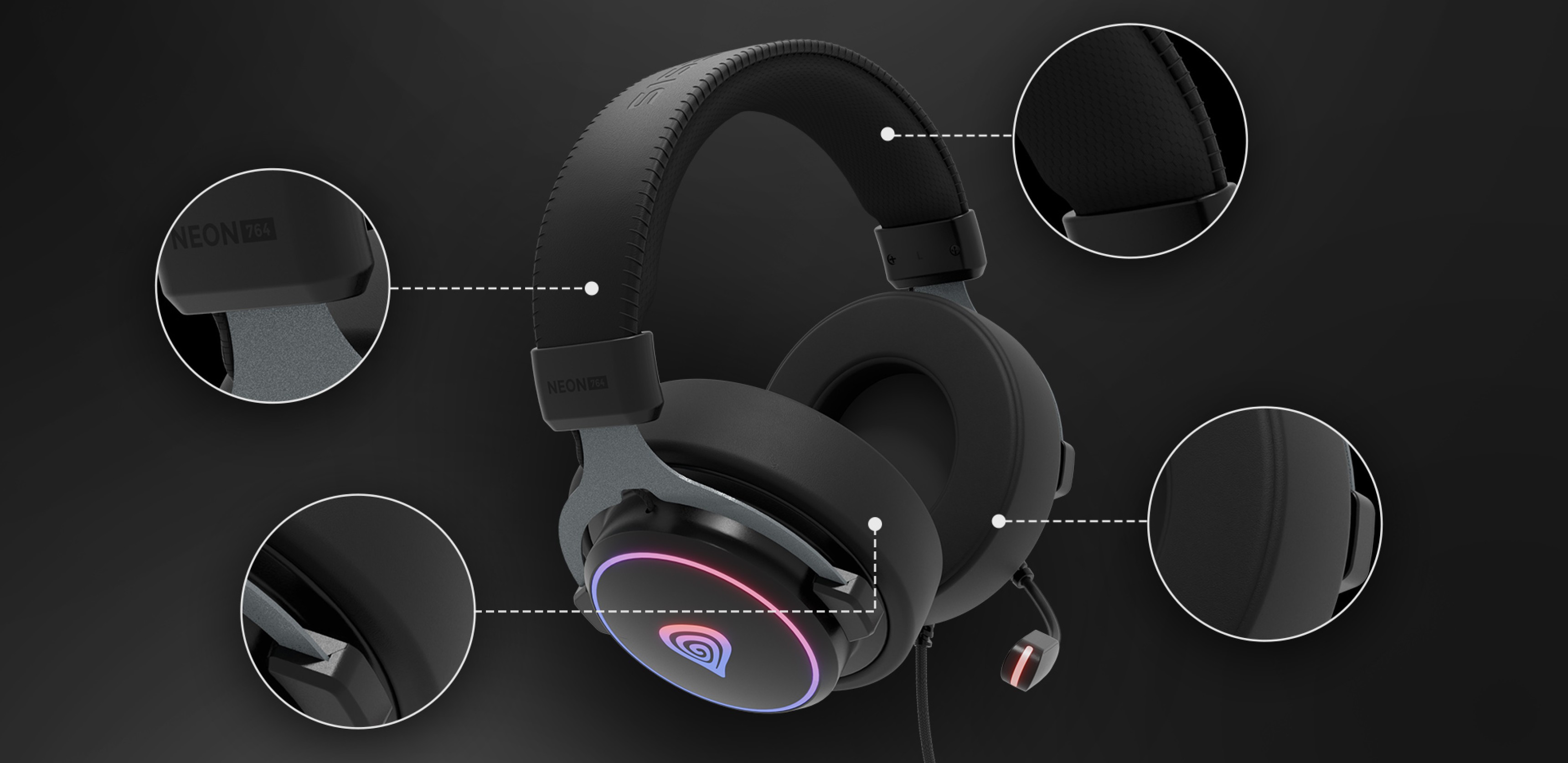 Черни кабелни слушалки Genesis Neon 764 RGB с регулируеми чашки за уши, микрофон и светещи акценти