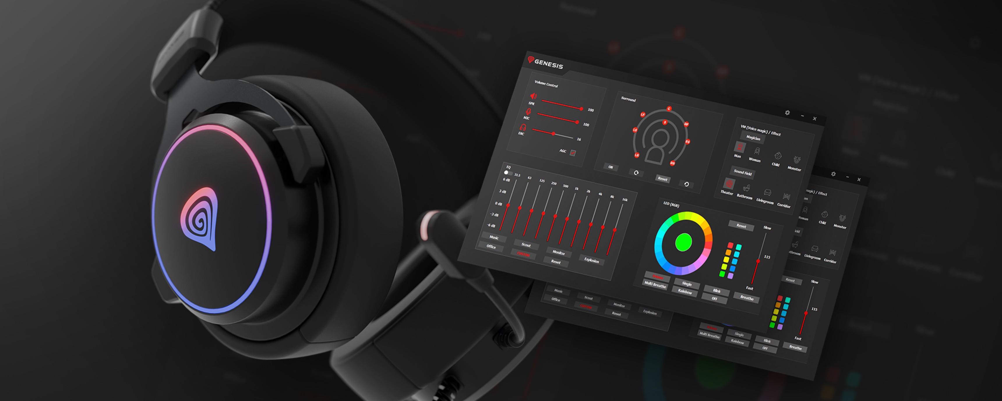 Черни Genesis Neon 764 RGB слушалки за уши с микрофон, с персонализирано RGB осветление и придружаващ софтуерен интерфейс
