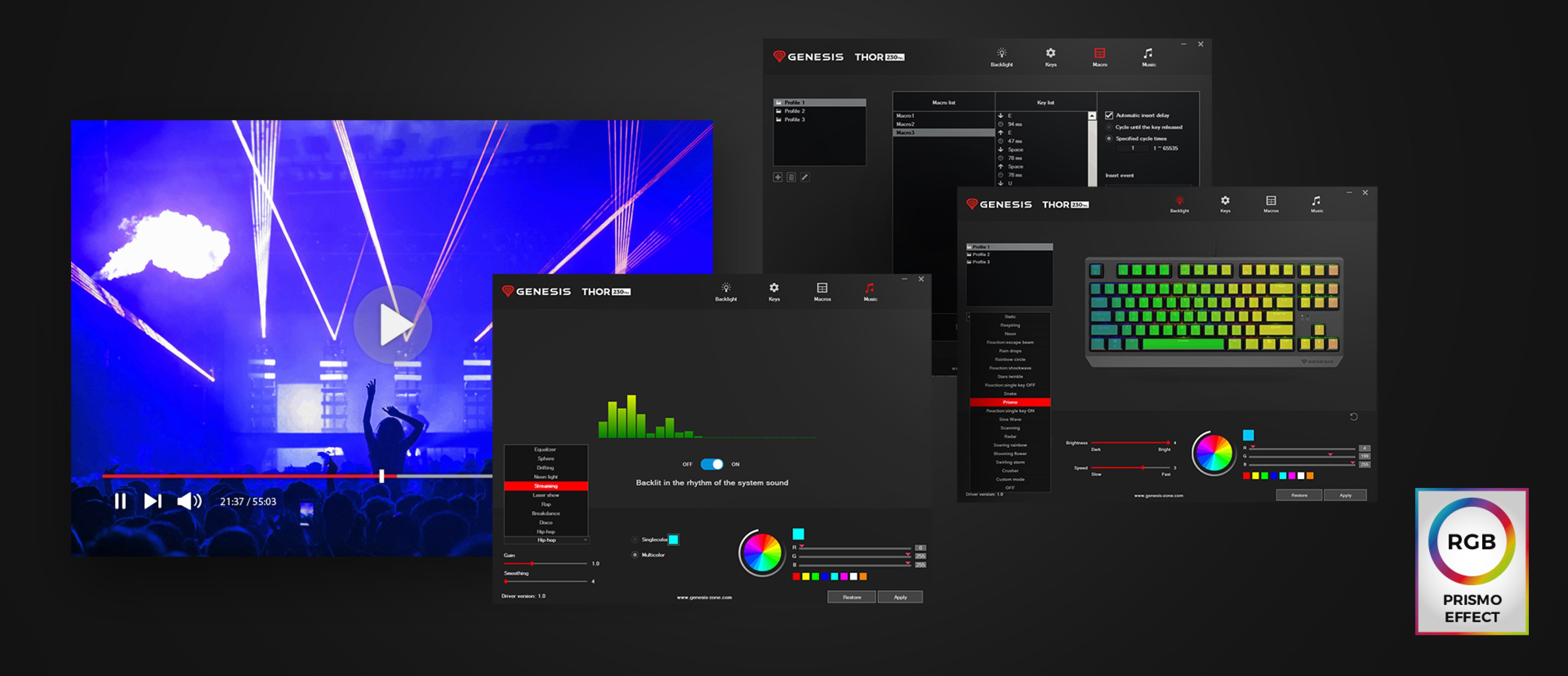Софтуерен интерфейс на клавиатурата, показващ опции за персонализиране на RGB и профили за механичната клавиатура Genesis Thor 230 TKL