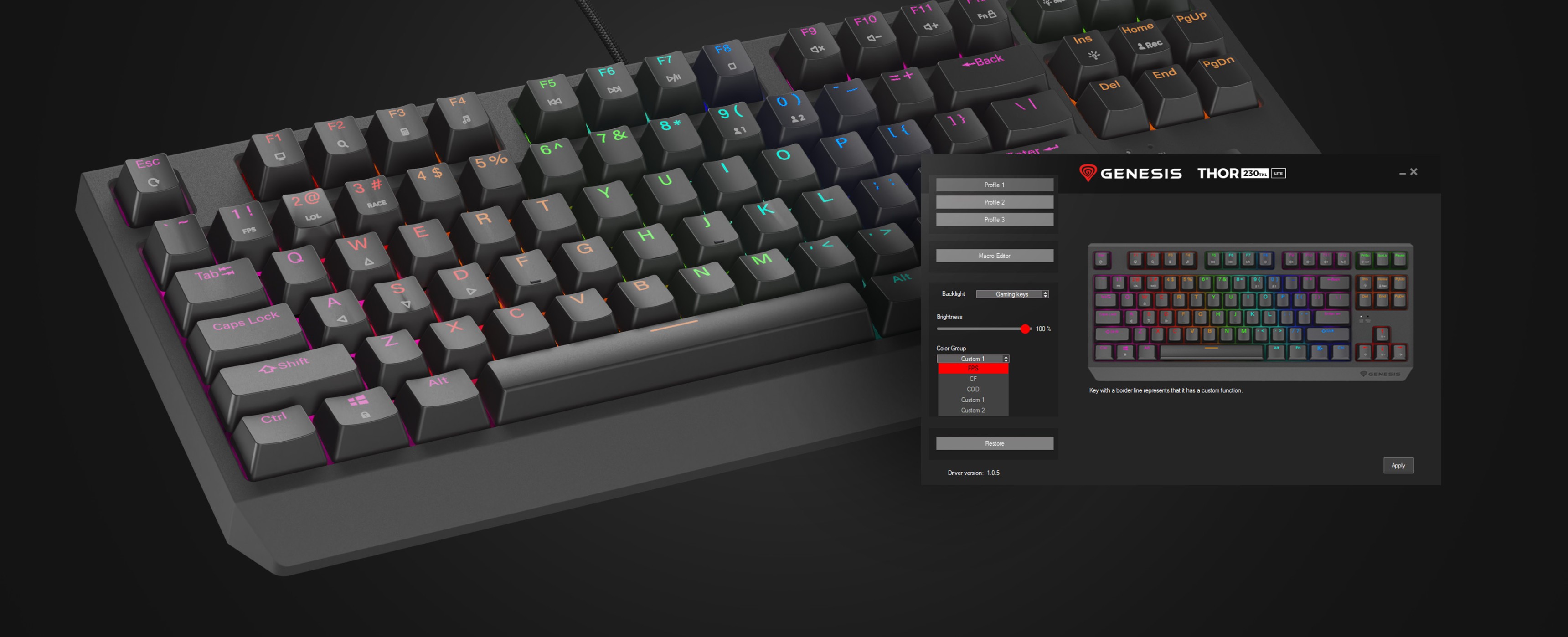 Механична геймърска клавиатура Genesis Thor 230 TKL Lite с персонализирано RGB осветление и показан софтуерен интерфейс