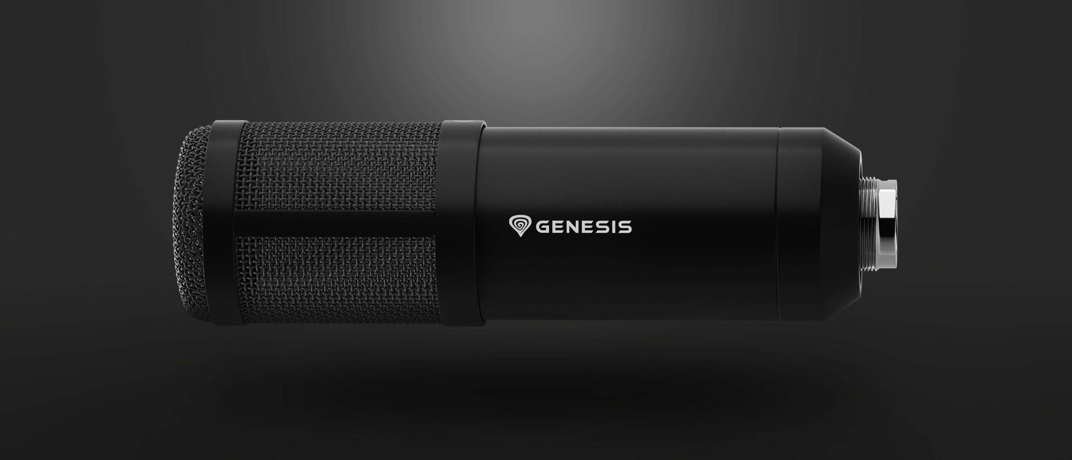 Черен студиен микрофон с мрежеста решетка и лого Genesis, предназначен за професионален аудиозапис