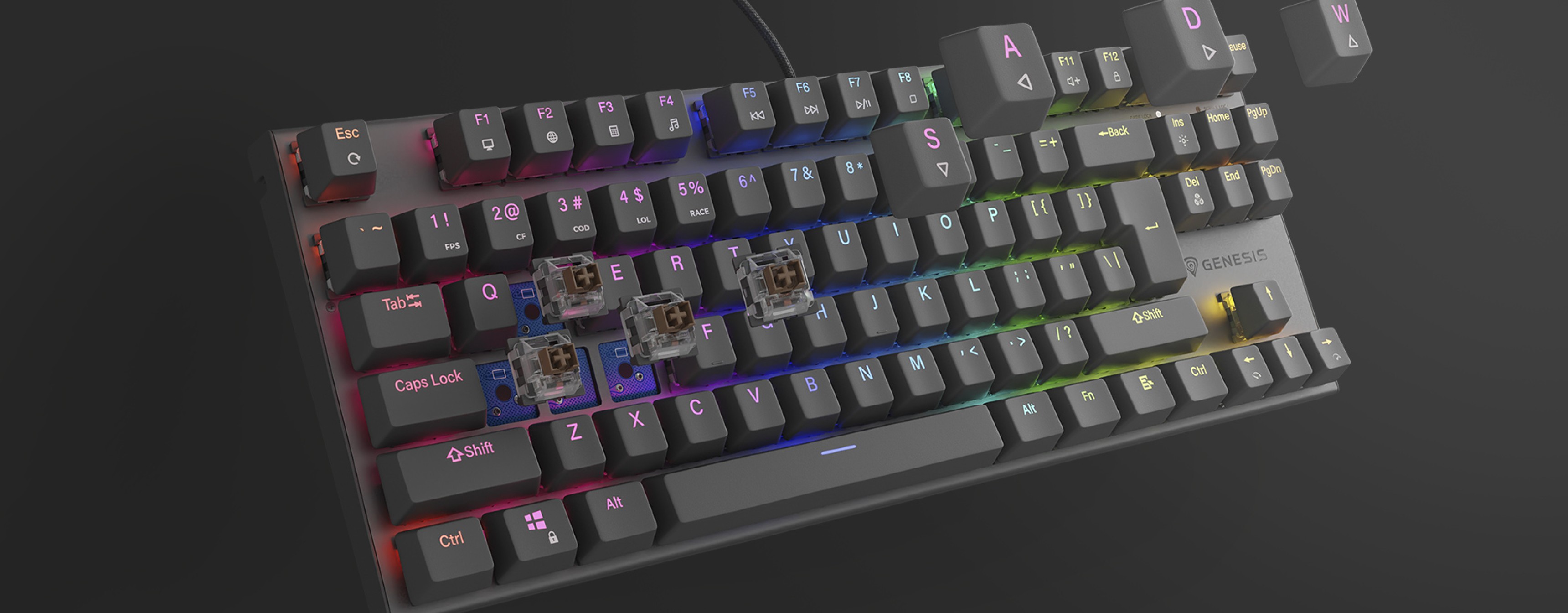 RGB механична клавиатура с кафяви превключватели, които могат да се сменят в движение, с ярко осветление и липсващи капачки за персонализиране