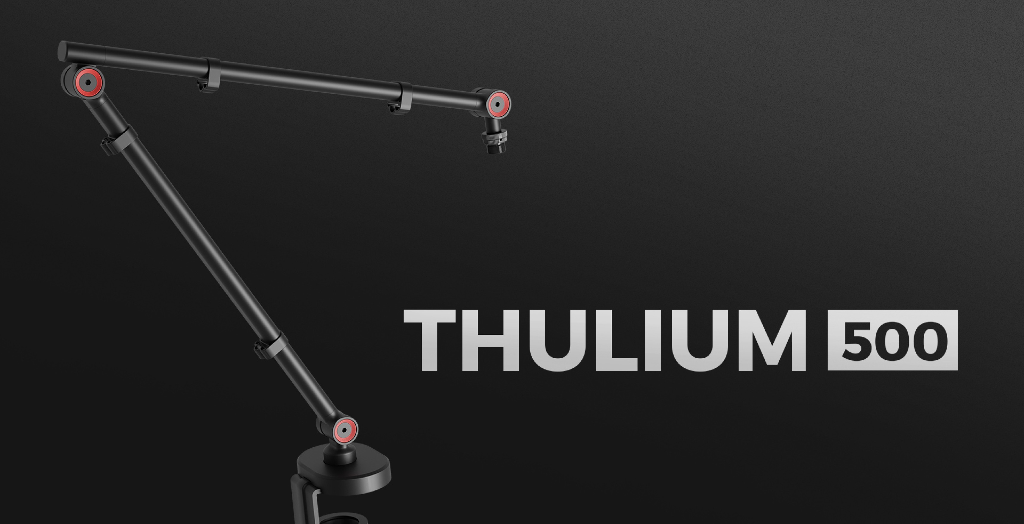 Регулируемо рамо за микрофон със закачалка за слушалки, с надпис "THULIUM 500", в елегантен черен дизайн