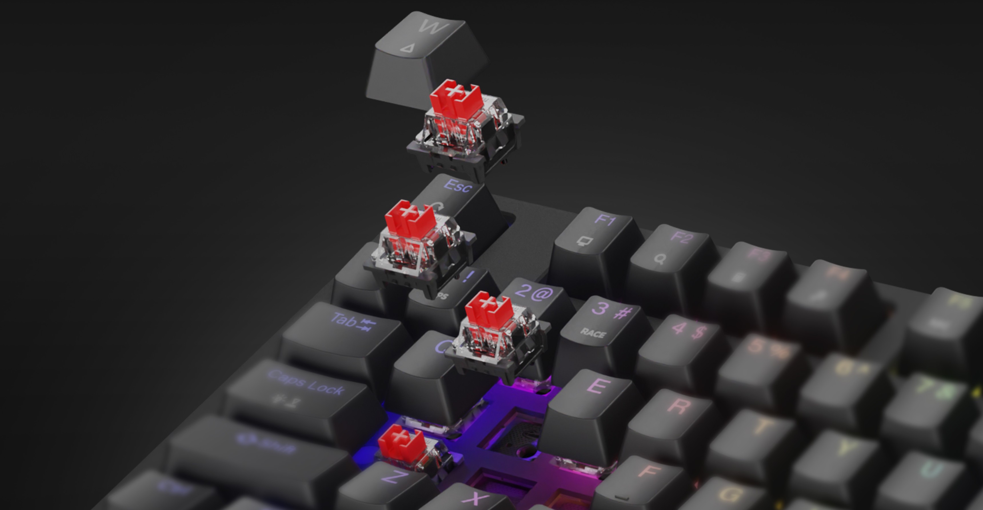 Механична геймърска клавиатура с червени превключватели и дъгова RGB подсветка, с възможност за гореща смяна на капачките и превключвателите