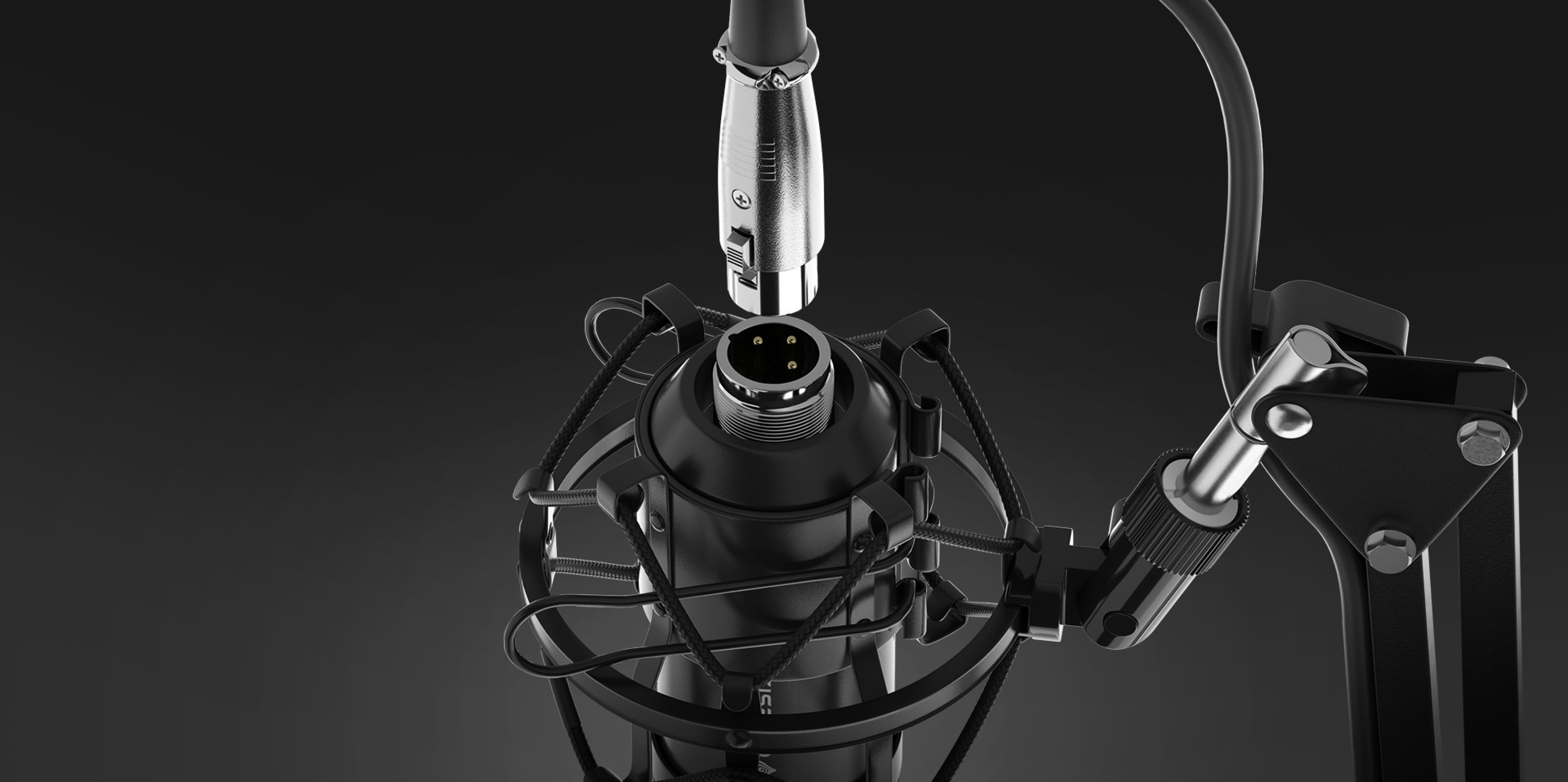 Близък план на студийния микрофон Genesis Radium 300 с XLR конектор и поп филтър, монтиран на стабилно рамо