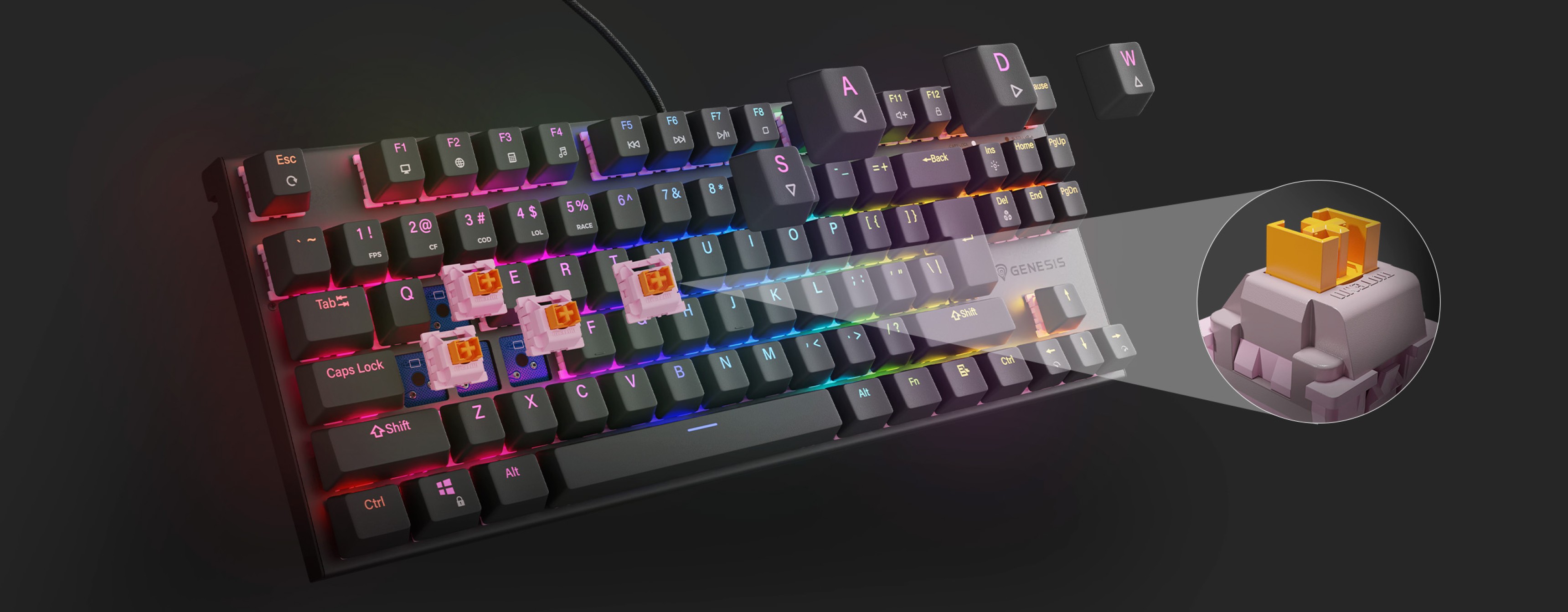 RGB механична геймърска клавиатура Genesis Thor 303 TKL, с безшумни превключватели и подчертани клавиши